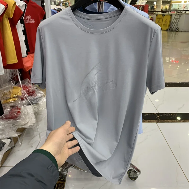 Viscose Nylon Spandex Cut the Tag off Men's Tail round Neck Short sleeve T-shirt Versatile Solid Print Base Top