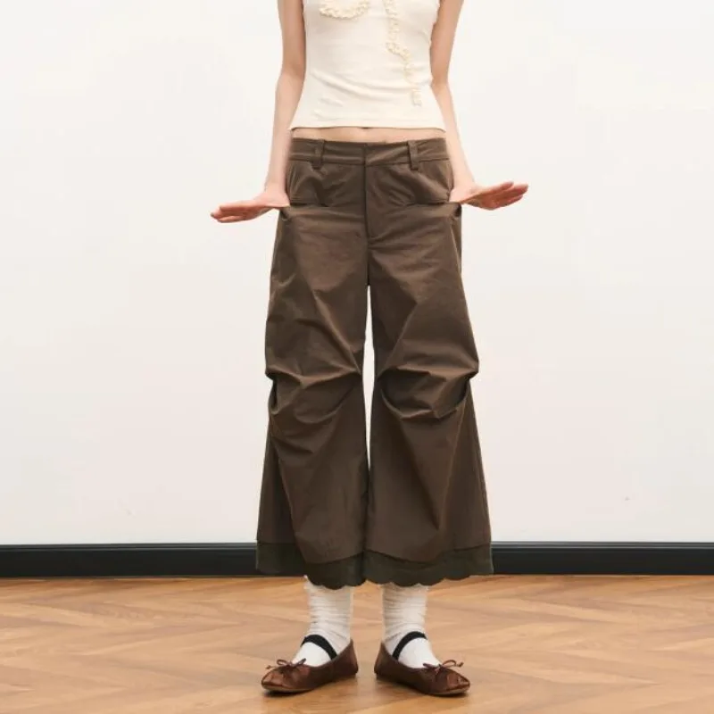 Корейские Модные Винтажные коричневые кружевные брюки со складками прямые