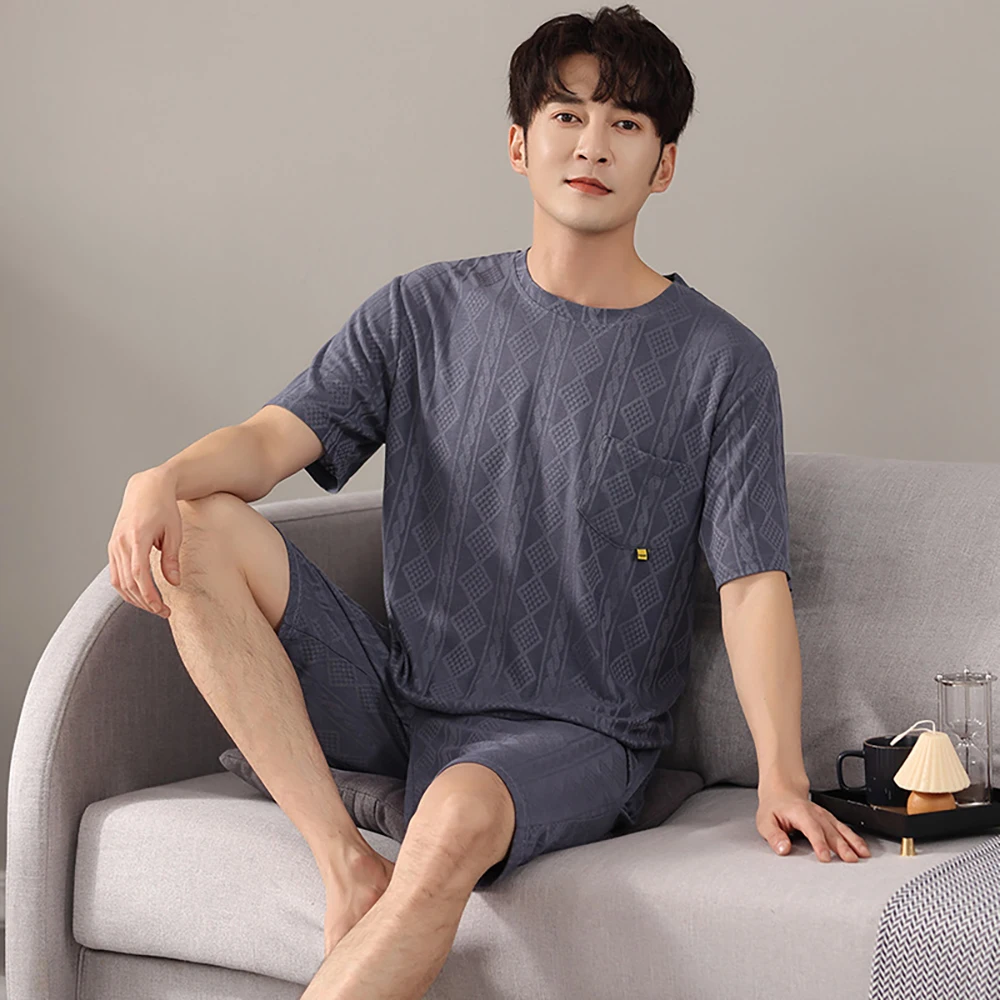Silkly Cotton Pajamas Man Trendyol Pajama Sets Solid Striped Sleepwear Loose O Neck With Shorts Cotton Breathable pijama hombre