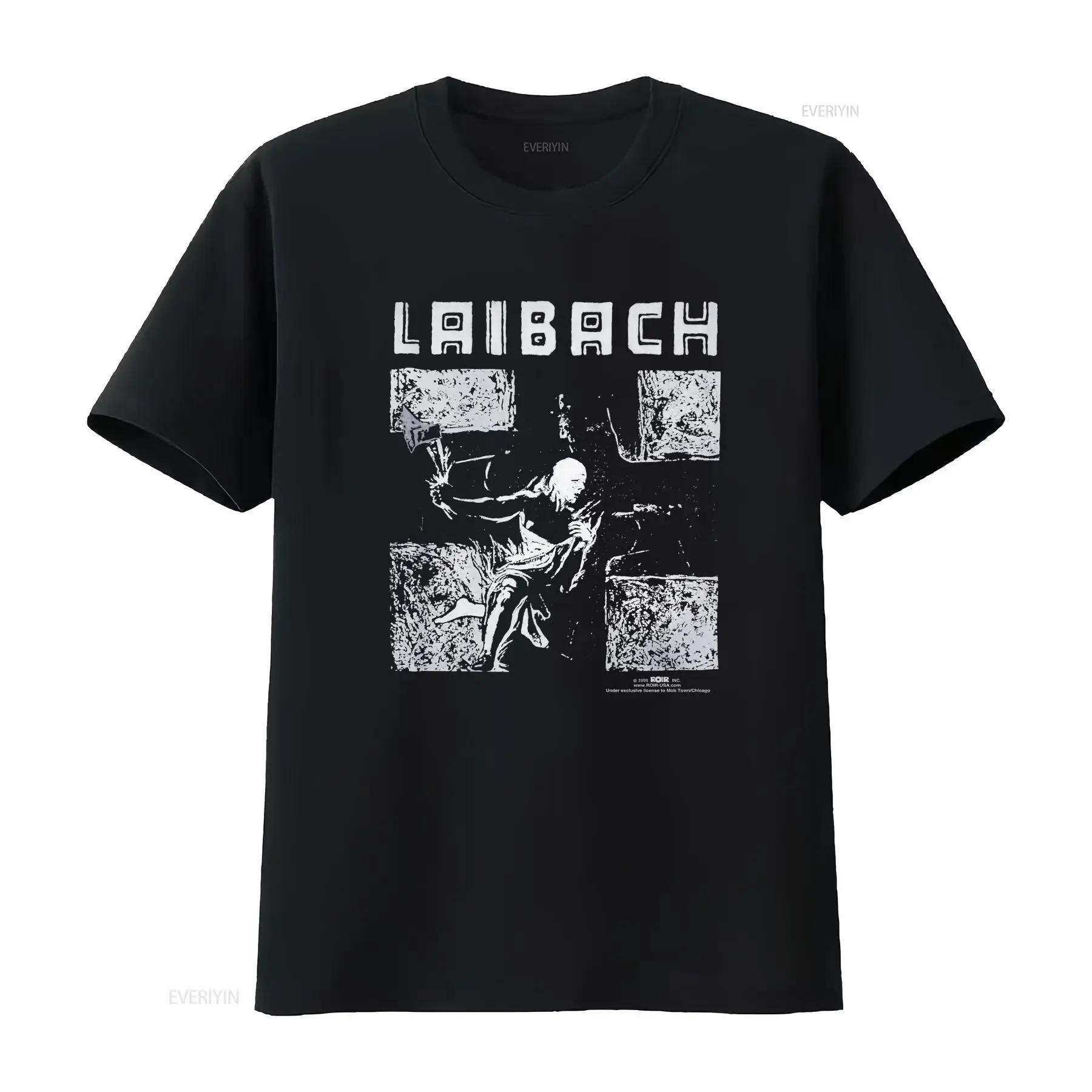 Фото Винтажная футболка LAIBACH RIBACH с принтом спереди, круглым вырезом и коротким рукавом, черная, б/у, винтажная, с эффектом потертости, удобная, мягкая, стильная №1