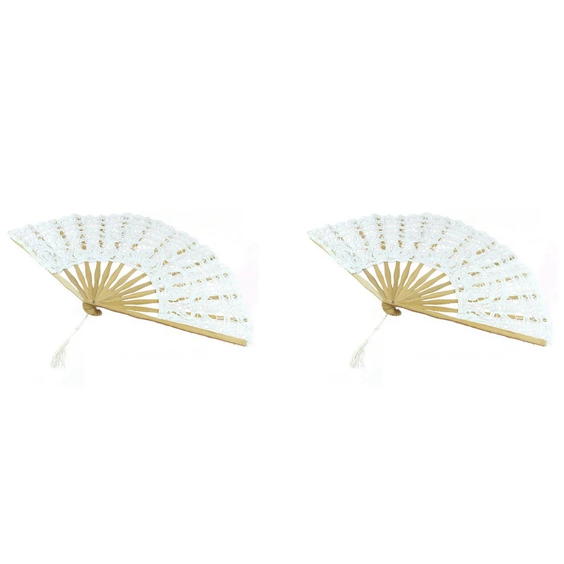 

2 х хлопковый кружевной складной ручной веер ручной работы для украшения свадебной вечеринки (белый)