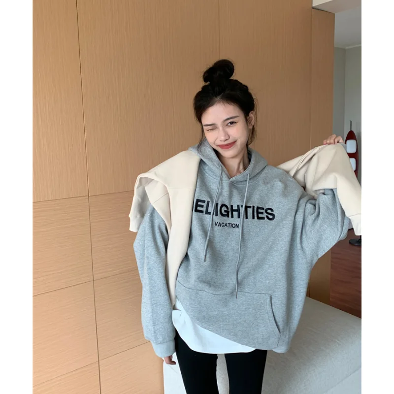 

Women Grey Sweatshirt Printing Vintage Long Sleeve Korean Fashion Baggy Casual Y2K Style Autumn 2023 NEW Female Pullover Tops