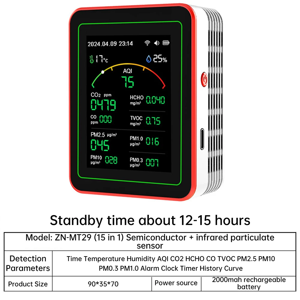 

Tuya WiFi 15 в 1, бытовой цифровой детектор качества воздуха PM0.3 PM1.0 PM2.5 PM10 CO2 HCHO TVOC, многофункциональный тестер воздуха