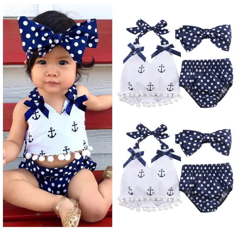 

3pcs Baby Girl Clothes Anchors Bow Top+Polka Dot Briefs+Head band Sleeveless Outfits Set Summer Fashion Baby Girls