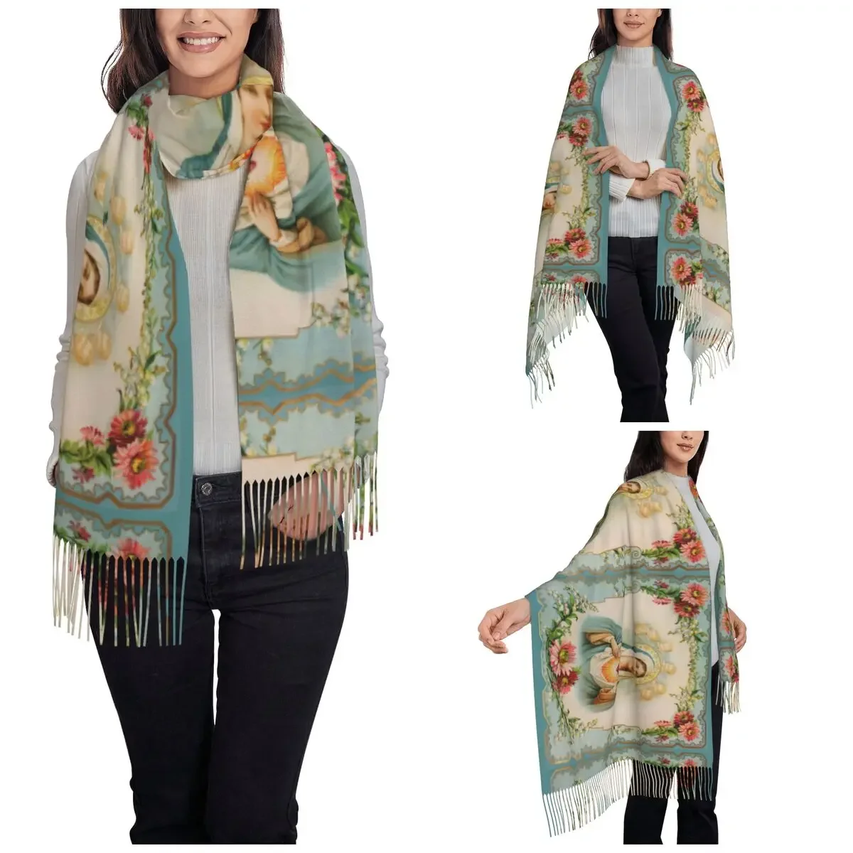 Женский шарф с бахромой Дева Мария католическая большая супермягкая шаль и