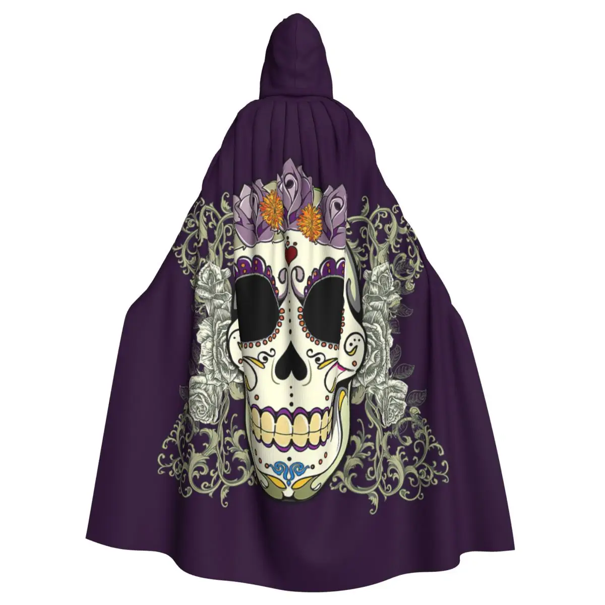 

Vintage Sugar Skull And Flowers Art Print Hooded Cloak Halloween Party Cosplay Woman Men Adult Long Witchcraft Robe Hood