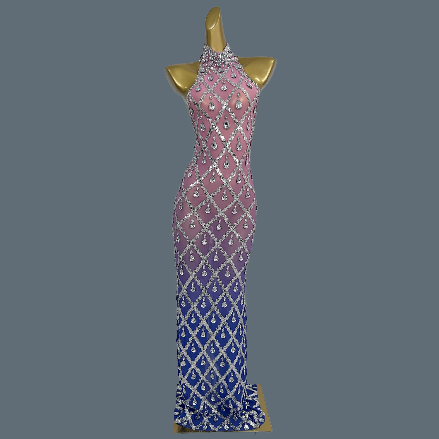 Женское сетчатое платье макси с блестящими стразами сексуальное вечернее