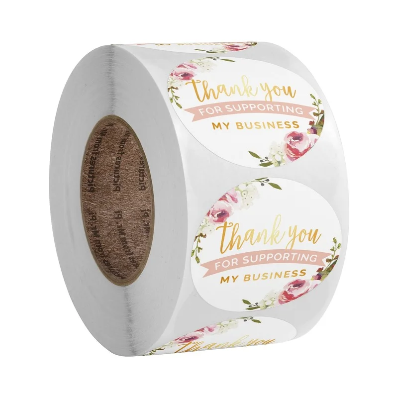 

50-500pcs 1 Inch Thank You Sticker Thank You for Supporting My Business Round Wreath Shape Self-adhesive Label Stationery