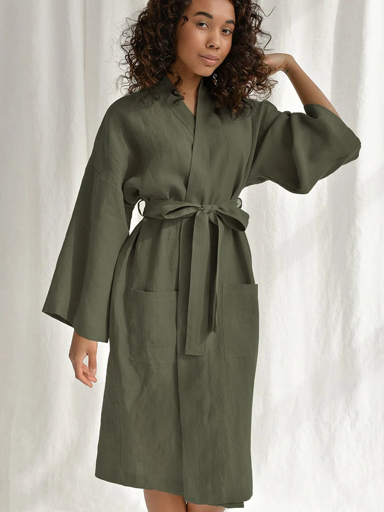 

Restve Cotton Robes For Women Casual Long Sleeve Sleepwear Sashes Pockets 2022 Autumn Bathrobe Female Solid Loose Home Robe