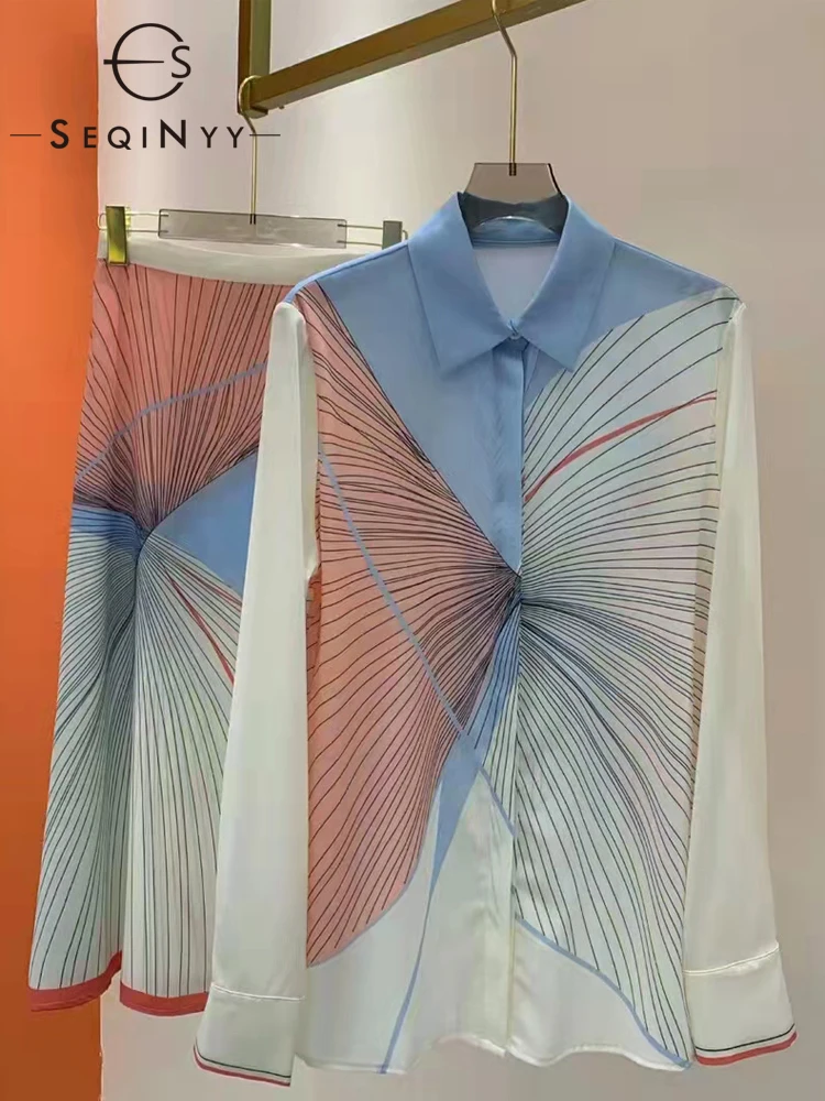 

SEQINYY Sweet Set Summer Spring New Fashion Design Women Runway Shirt + Lace-Up Skirt Ligh Pink Blue Line Geometry Print