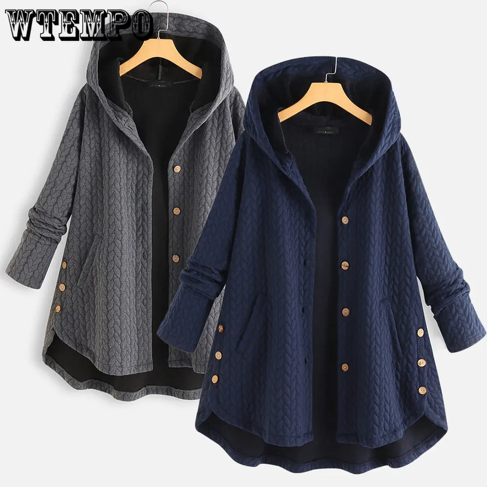 

WTEMPO Hooded Cotton Padded Jacket Vintage Medium Long Coat Solid Color Loose Casual Warm Fashion Autumn Winter Clothes Women