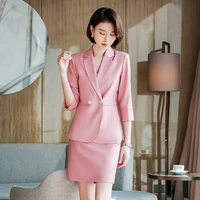 summer pink blazer women business suits skirt and jacket sets half sleeve ladies work wear clothes office uniform styles
