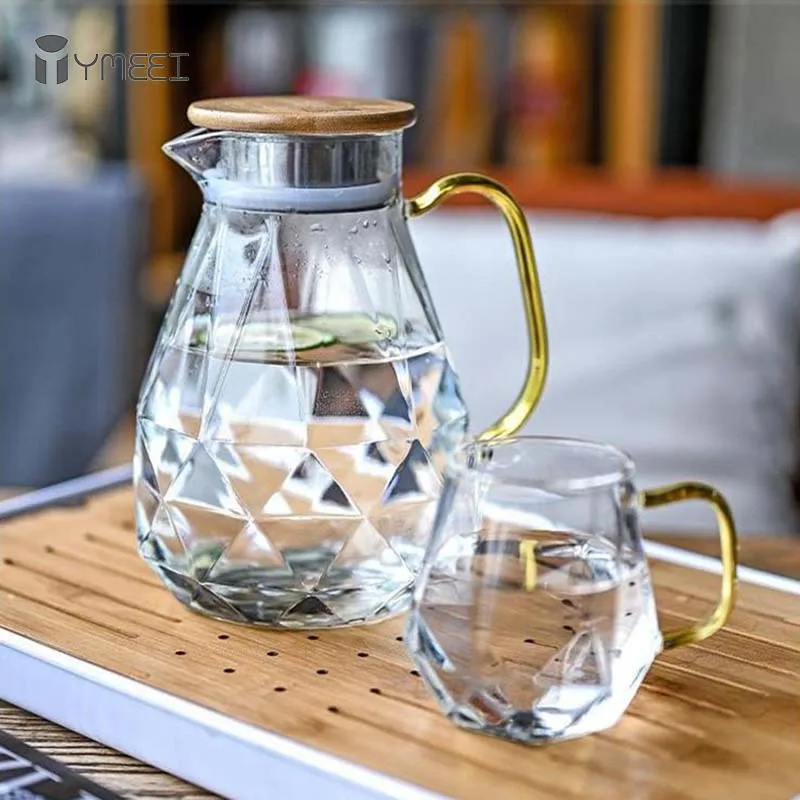 

Стеклянный чайник YMEEI 1,5 л с алмазной текстурой, термостойкий кувшин для горячей и холодной воды, прозрачный чайный, чайник для питья, цветочный чайник