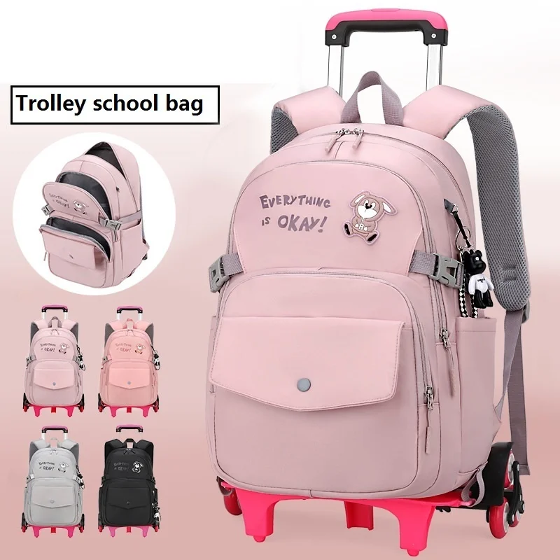 

New Children School Backpack with Wheels Elementary Schoolbag Detachable Trolley School Bags for Girls Kids Mochila Femenina