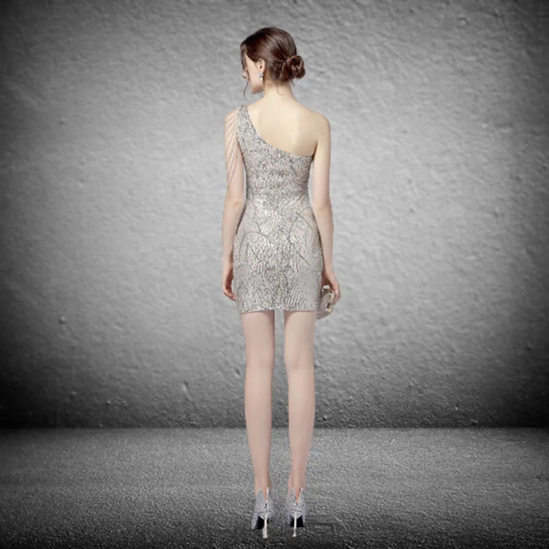 New Hot Selling Beads Vintage Silver Sequin Evening Dresss Women Sexy Bodycon Dress Short Party Prom Dress