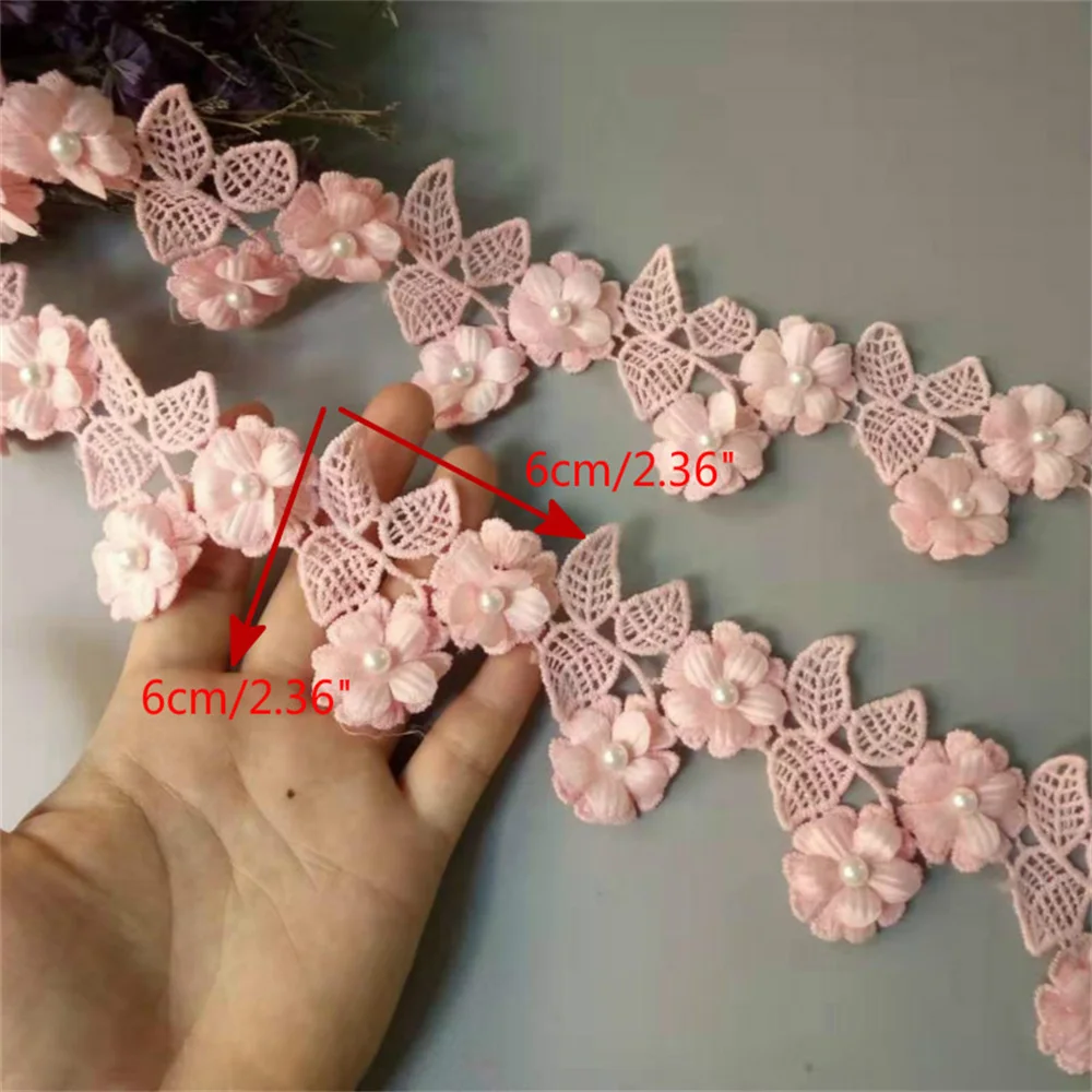 

10X Pink Polyester Rose Flower Embroidered Lace Trim Ribbon Fabric Sewing Craft For Costume Wedding Dress Decoration 6X6cm