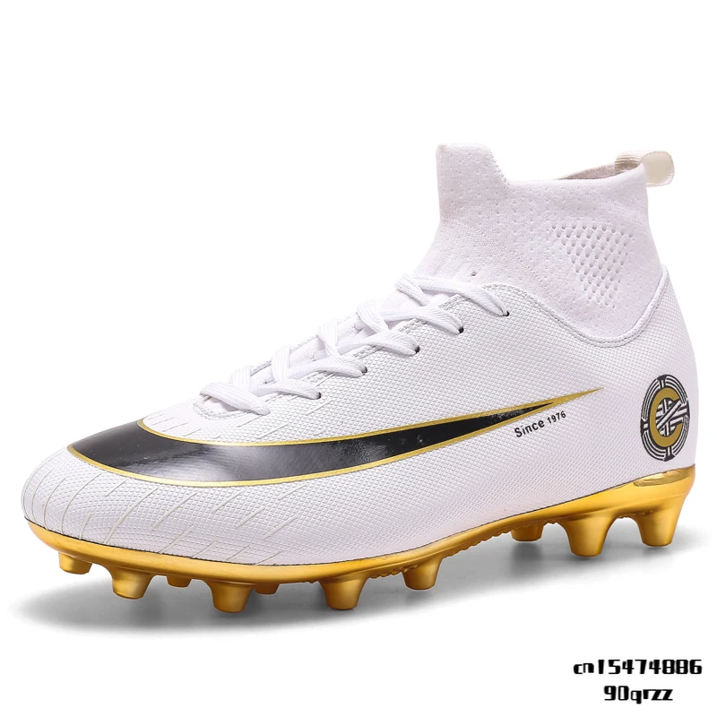 White Golden Men Football Boots High Ankle Soccer Shoe Women Soft Groud Man Trainer Gym Botas De Futbol Socks Cleats Training