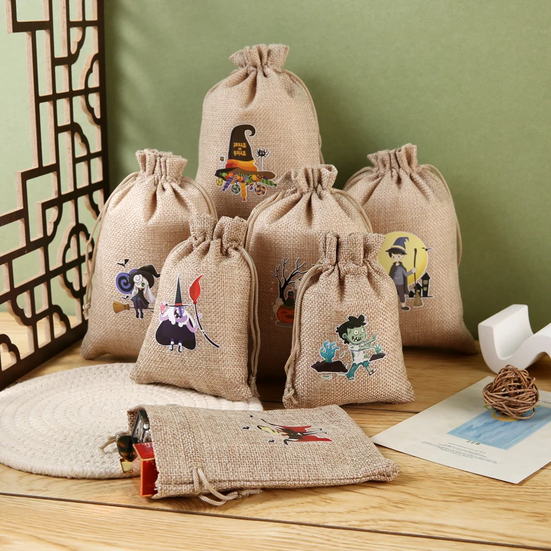 

5 Pcs Linen Jute Drawstring Gift Bags Halloween Gift Drawstring Packs For Jewelry Travel Storage Pouch