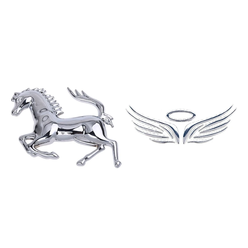 

1 Pcs Silver Horse Logo Emblem Badge 3D Sticker & 1 Pcs 3D Angel Fairy Wings Car Logo Emblem Badge Decal
