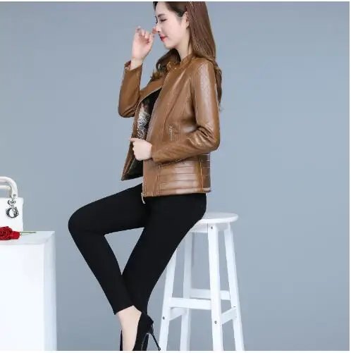 

New autumn women's fashion casual solid color OL temperament Korean version short PU stand collar leather jacket