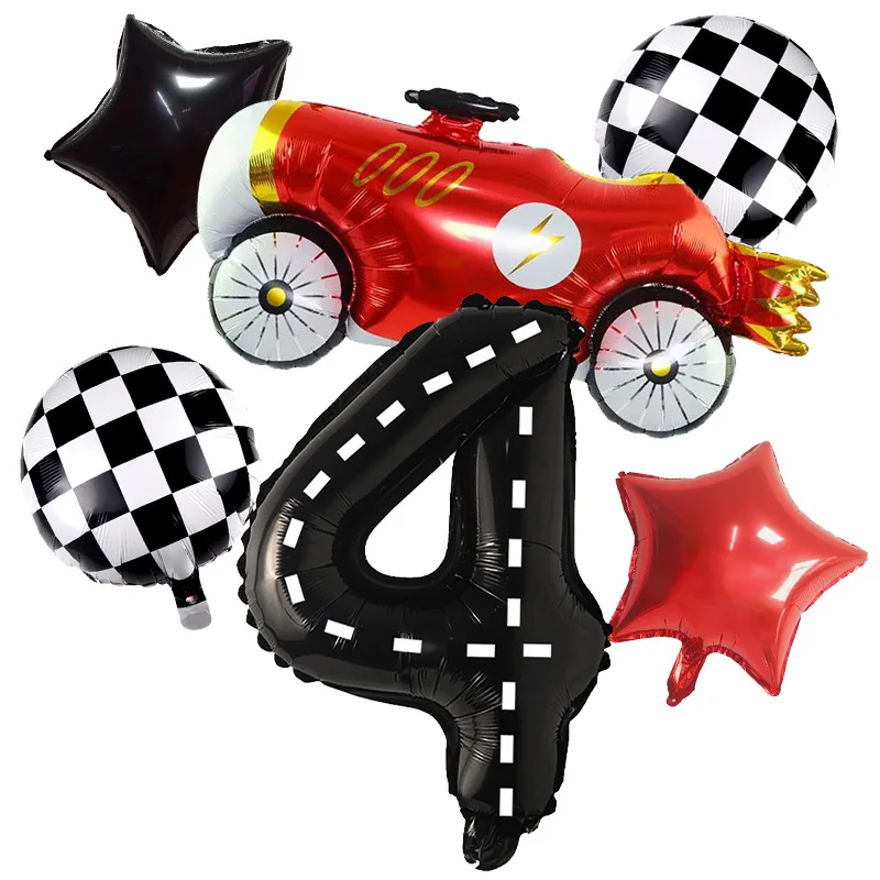 6pcs/Set  Race Car Combination Foil Balloon Large Number 0~10 Kids Birthday Decorations Gift Red Car Balloon Red Black Pentagram