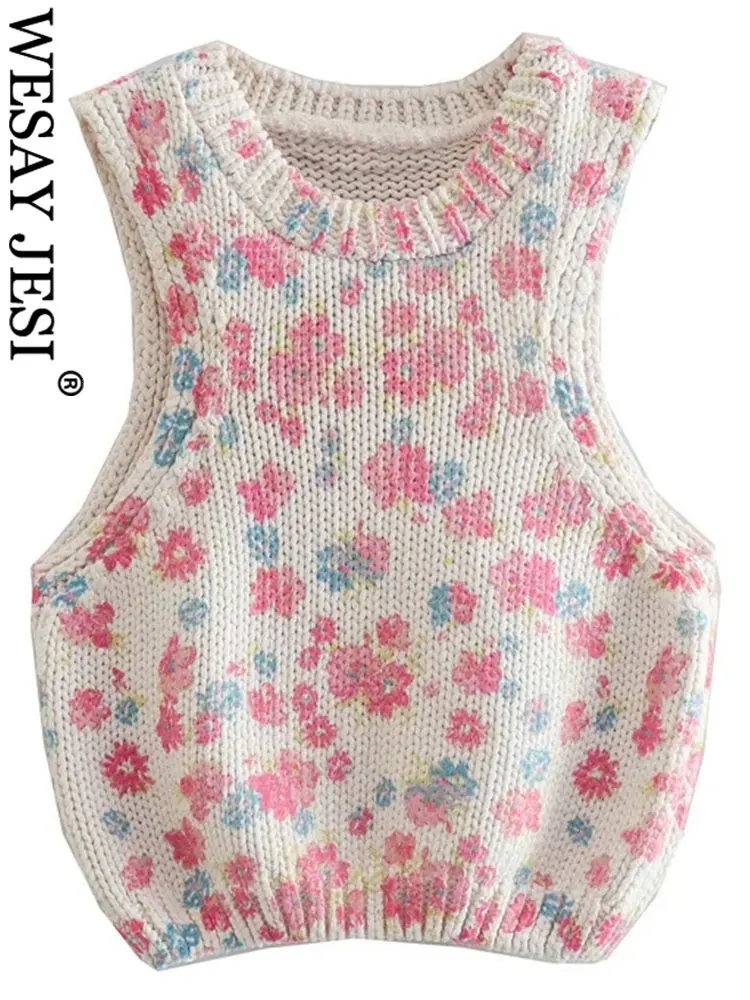 

WESAY JESI Elegant Sweater Floral Vest Round Neck Sleeveless Navel Short Tank Top Knitting Thick Yarn Sweet And Cute Style Women