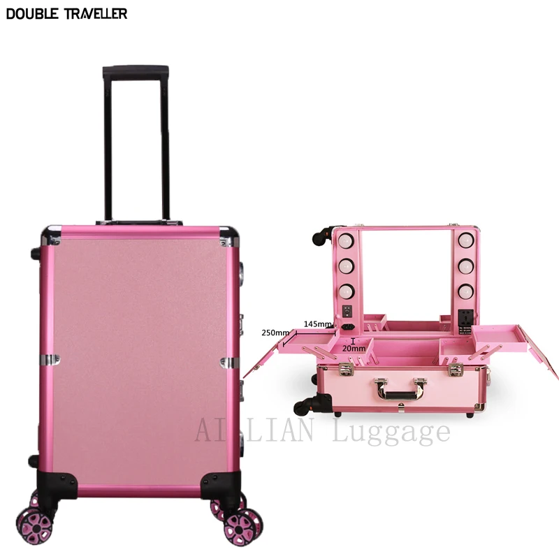 New trolley cosmetic bag large-capacity Professiona makeup case rolling luggage with LED light multi-function trolley suitcase