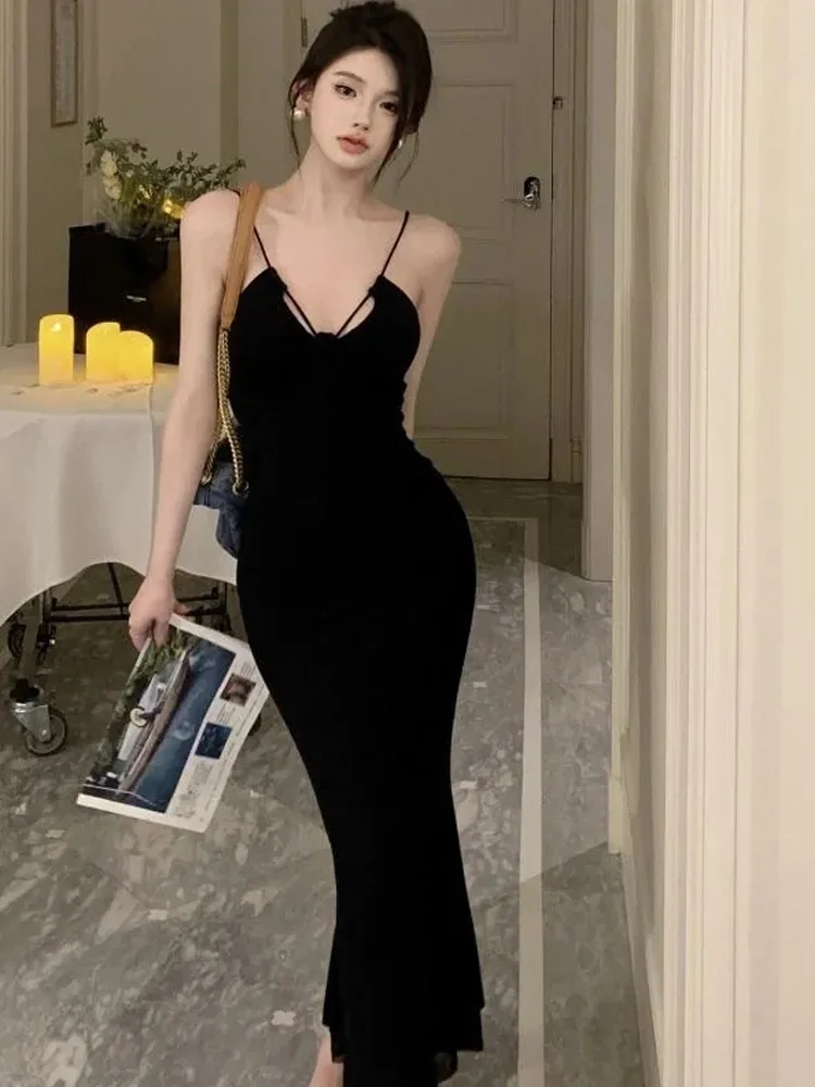 

Summer Black Long Dress Suspender Slim Sleeveless V-Neck Sexy Club Party Beach Elegant Mini Fashion Dresses Casual Chic 2023
