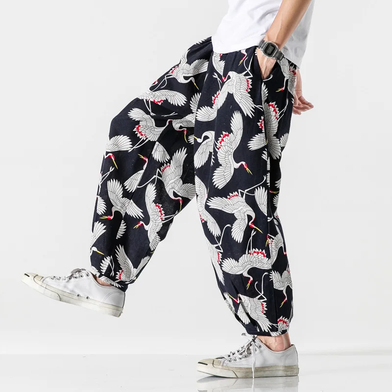 

Plus Size M-5XL Men Pajamas Pant Loungewear Print Crane Cotton Trousers Chinese Loungewear Loose Ankle-Length Pants Harem Pants
