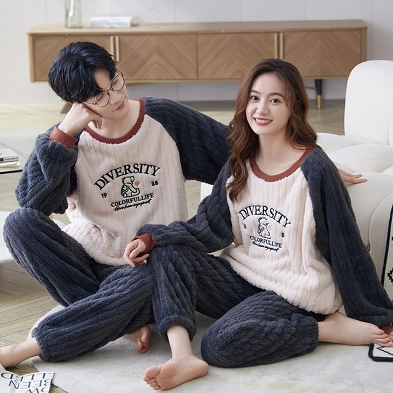 

QUHENG Pajamas for Couples Set Thick Warm Coral Fleece Homewear Winter Lounge Men's Clothing Soft Loose Pajamas Women Home Suit