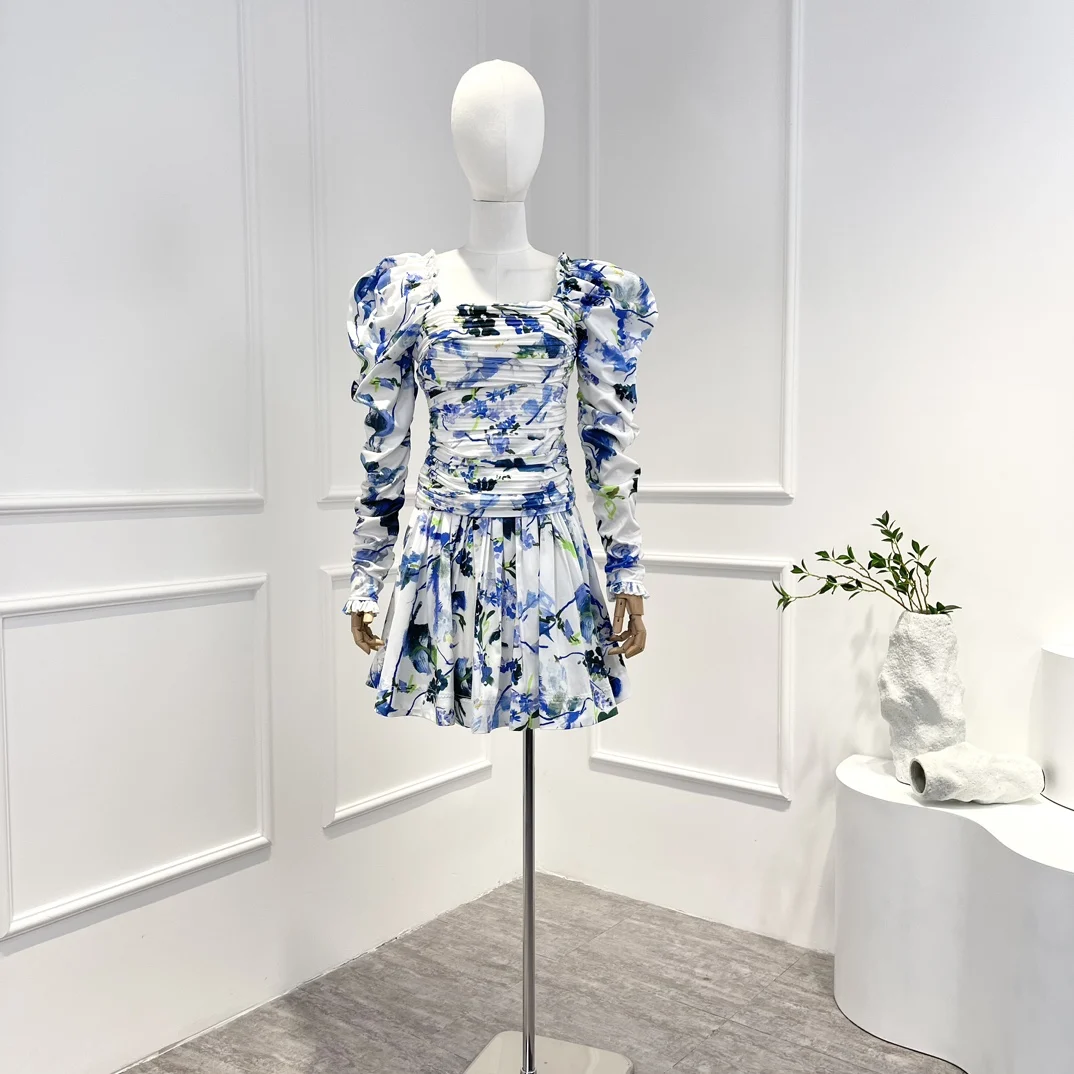 

Женский комплект из мини-юбки, голубая юбка с цветочным принтом и квадратным вырезом, с пышными рукавами, весна 2023