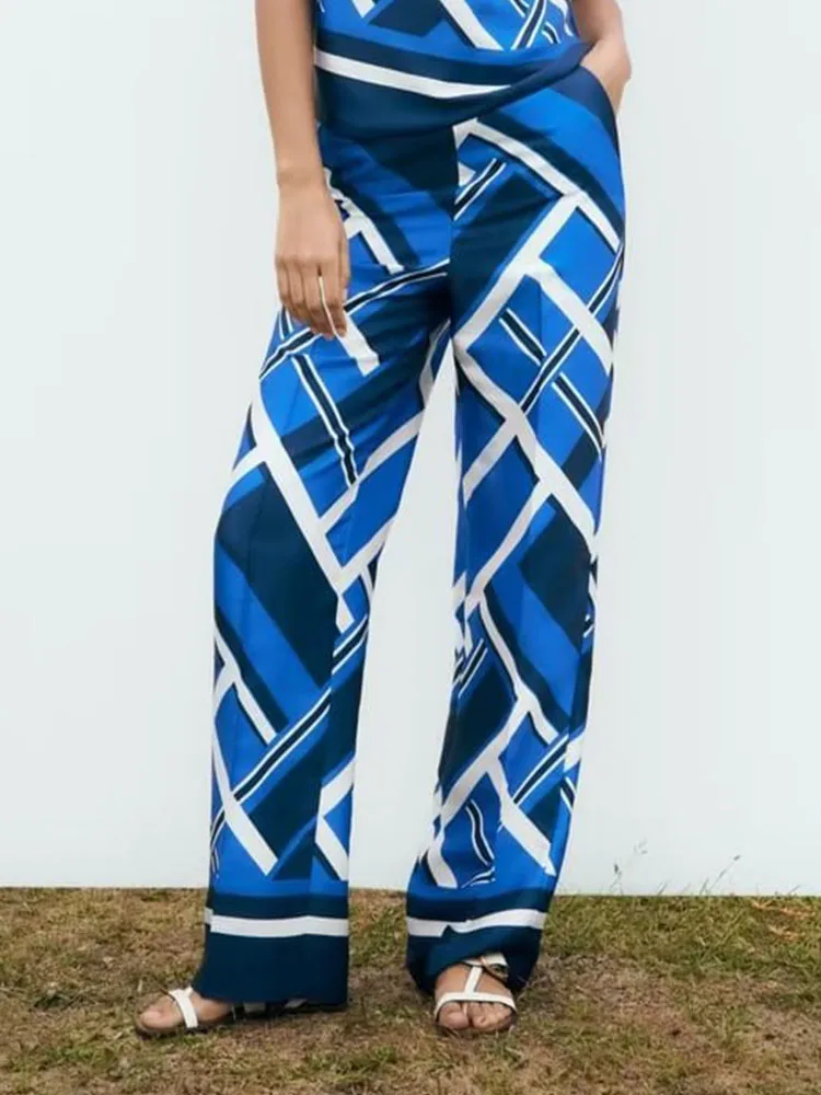 

2023 Women Summer Straight Pants Fashion Geometric Print Elastic waist Female Elegant Street Pant Trousers Clothing