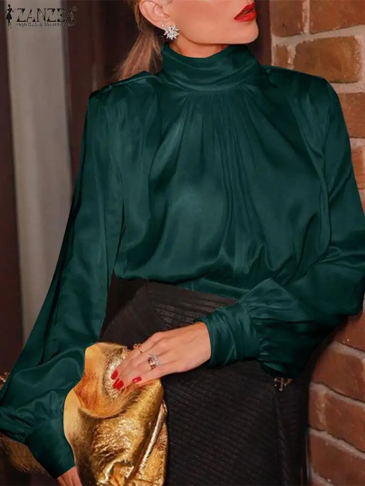 

Элегантная Женская атласная блузка с длинным рукавом-фонариком 2022 ZANZEA повседневные однотонные праздвечерние чные блузки Туника Топы Весен...
