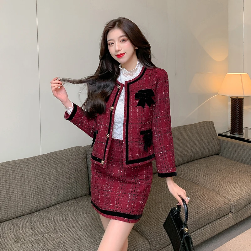

Женский твидовый костюм, однобортный пиджак с длинным рукавом, бантом и мини-юбка, костюмы с высокой талией, маленький