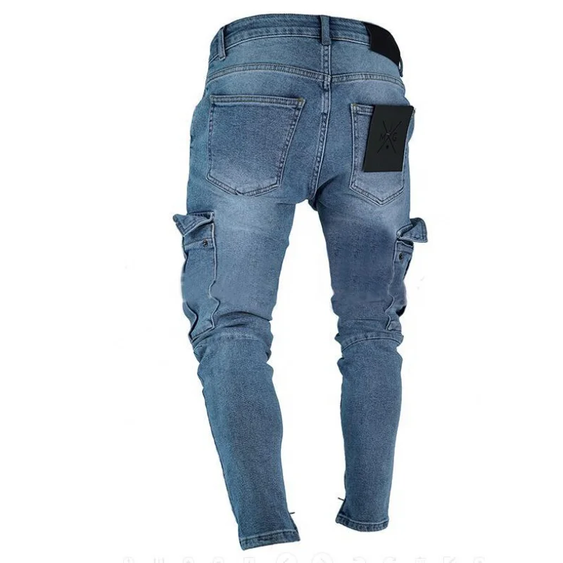 Men's New Stretch Jeans Trendy Knee Ripped Zipper Fashionable Skinny Four Seasons Trousers