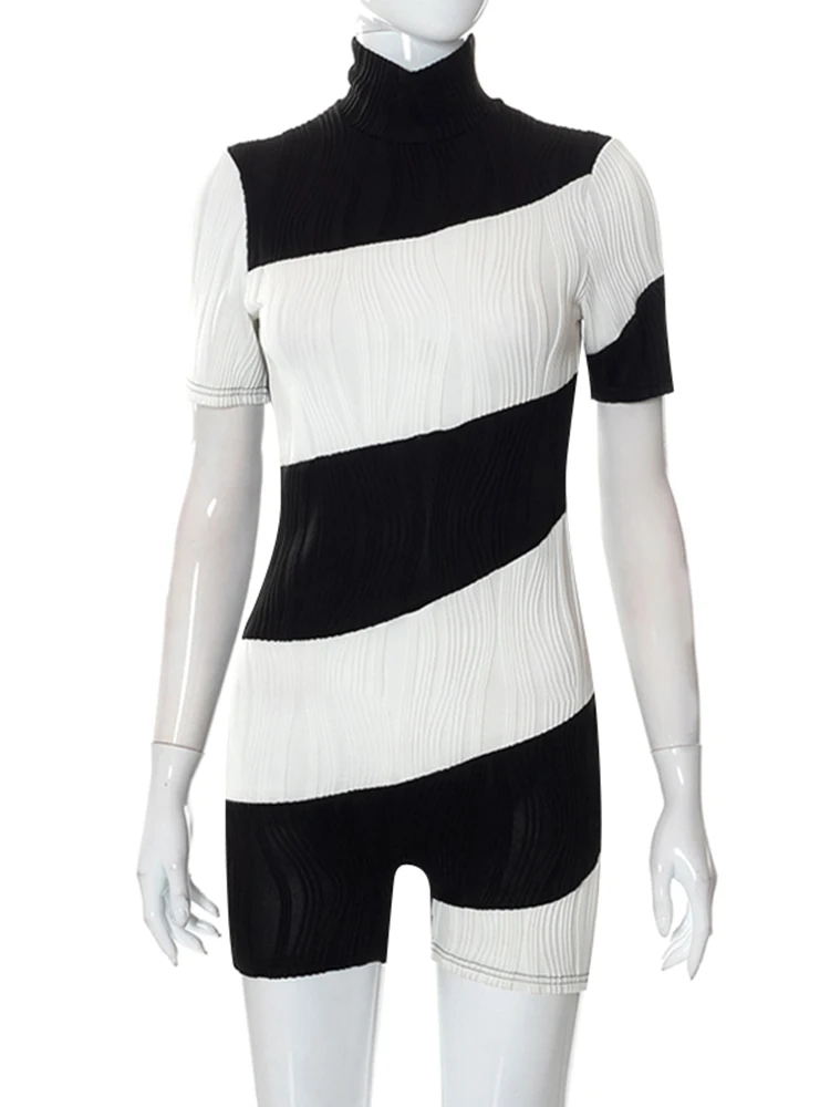 Sunny Patchwork Striped Women Romper Turtleneck Elastic Skinny Sporty Playsuits Fashion Casual Streetwear Workout Overalls
