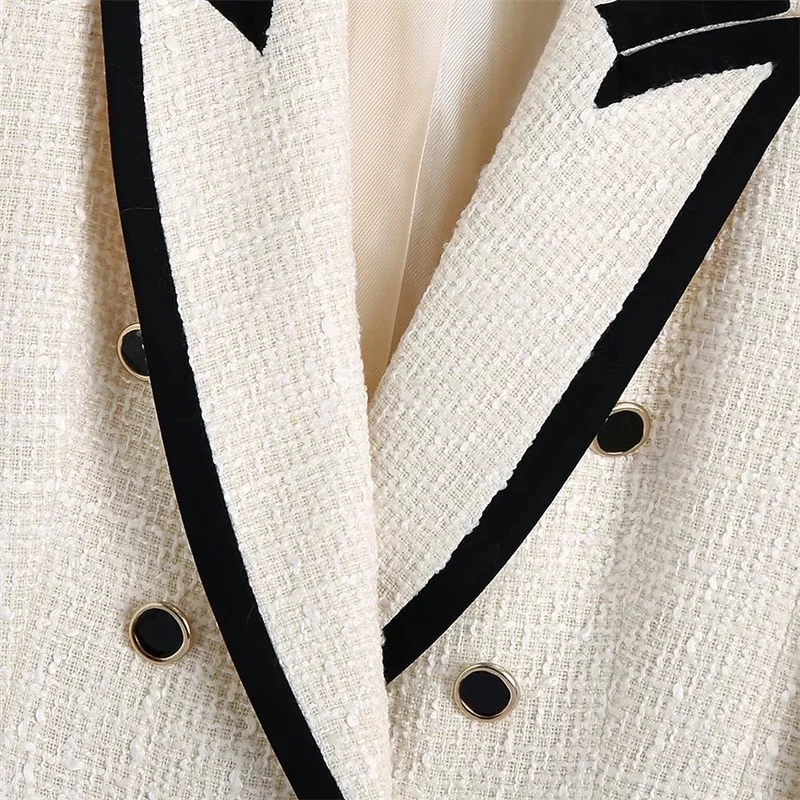 Retro Women Blazer    2023 Fashion With Contrast Piping Tweed Blazer Coat Vintage Long Sleeve Pockets Female Outerwear Chic Tops