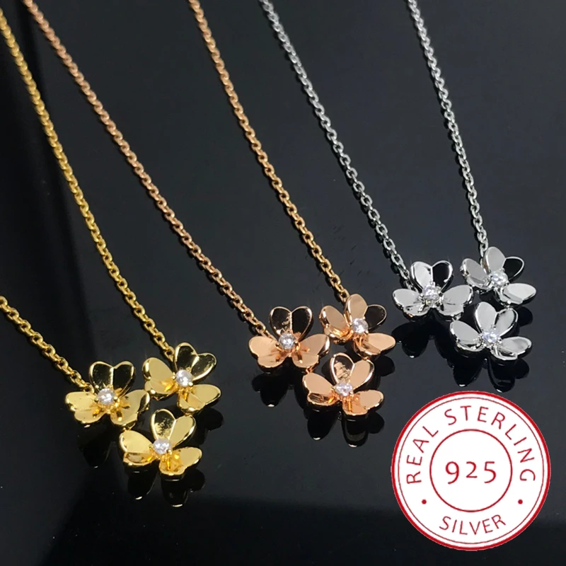 

High Quality 925 Sterling Silver Fashion 3 Flowers Ladies Necklace Frivole Clover Pendant For Women Luxury Brand Jewelry Sets