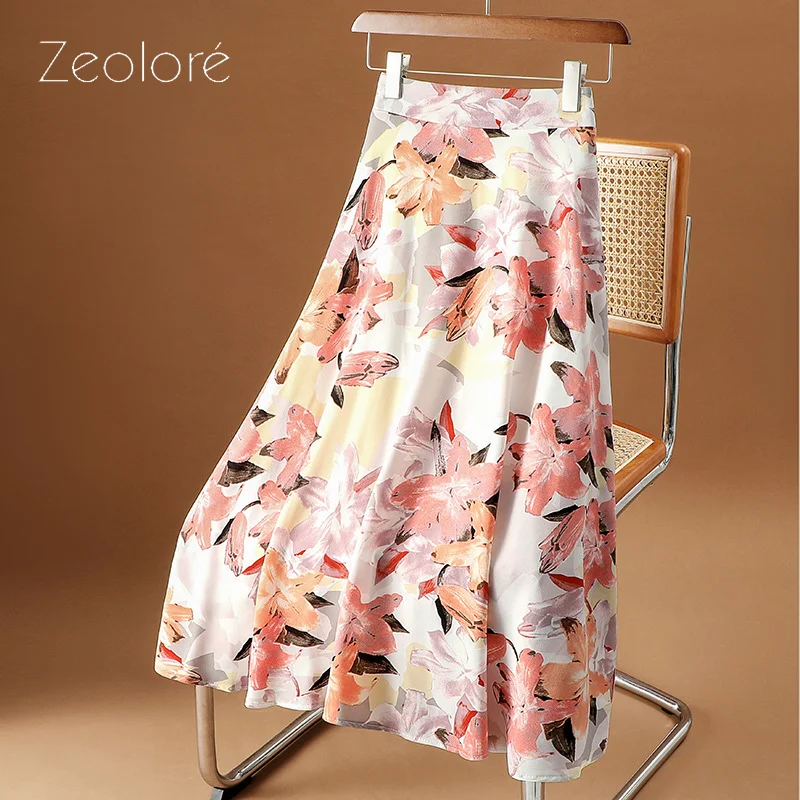 

Zeolore Summer Women Chiffon Mid-length Floral A-line Skirt Elegant High Waist long Skirt QT1835