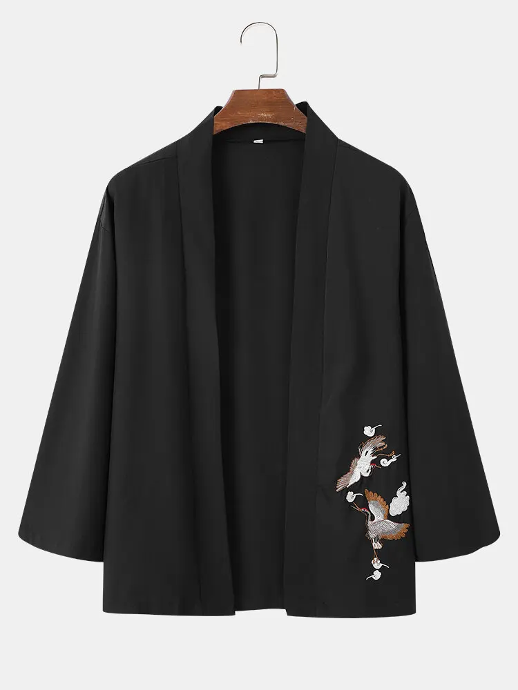Men's Japanese Seven -point Sleeve Kimono 2022 Summer Thin Half -sleeved Crane Printed Cardigan Casual Loose Shirt Robe
