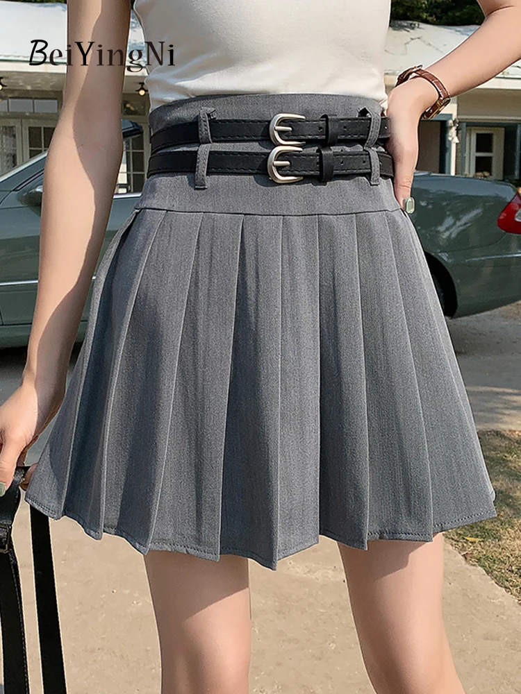 

Beiyingni Women Fashion Pleated Mini Skirt With Double Belt JK Student Korean High Waist Skirts Girls Preppy Black Gray Faldas