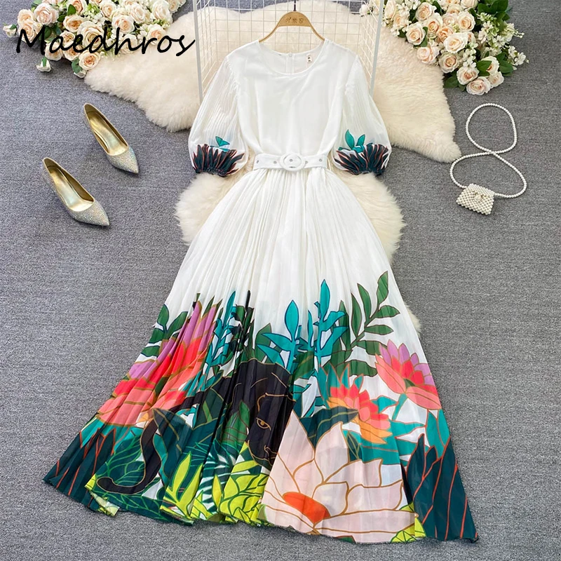 

Платье женское длинное с цветочным принтом, повседневное Плиссированное пляжное платье-трапеция до середины икры, шифоновый пуловер с пышн...