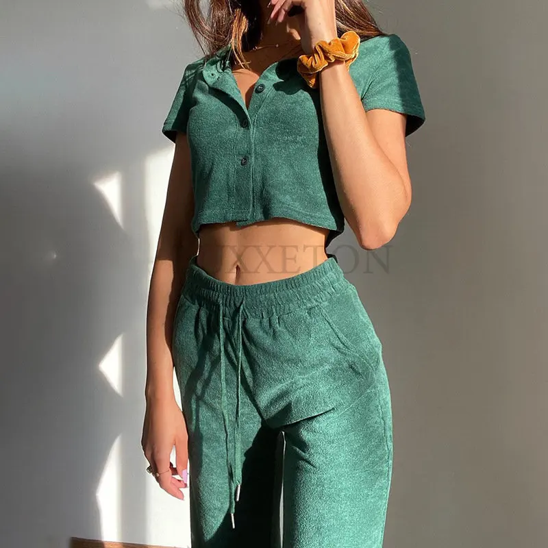 

Vintage Solid Two Piece Set Women Casual Short Sleeve Crop Top + High Waist Wide Leg Pants Suit Elegant Sexy Green Party Outfits