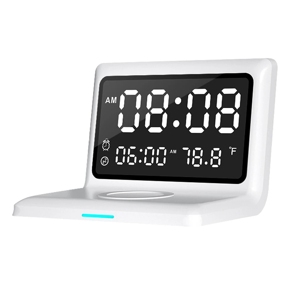 

Alarm Clock Wireless Charger with Digital Thermometer LED Desk Lamp for Bedroom 15W Mobile Phone Fast Charger(White)