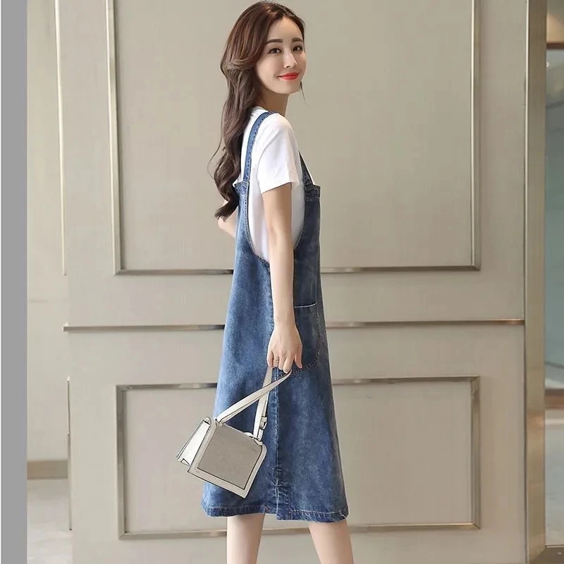 Женское джинсовое платье на бретельках Модный комплект из двух предметов в