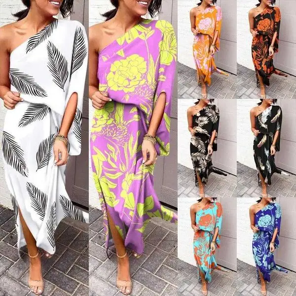

Summer Loose Off-shoulder Waist Trimming Printing Dress Female Om