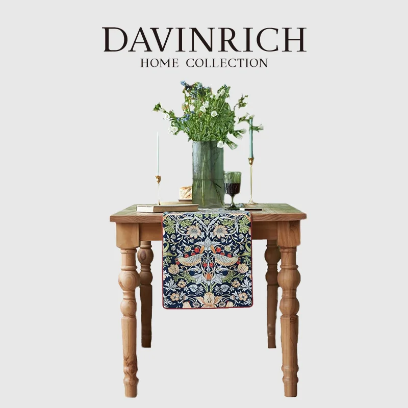 

DAVINRICH Strawberry Thief Blue Table Runner Gobelin Floral Birds Print Tapestry Decorative Tablecloth American Retro Home Decor