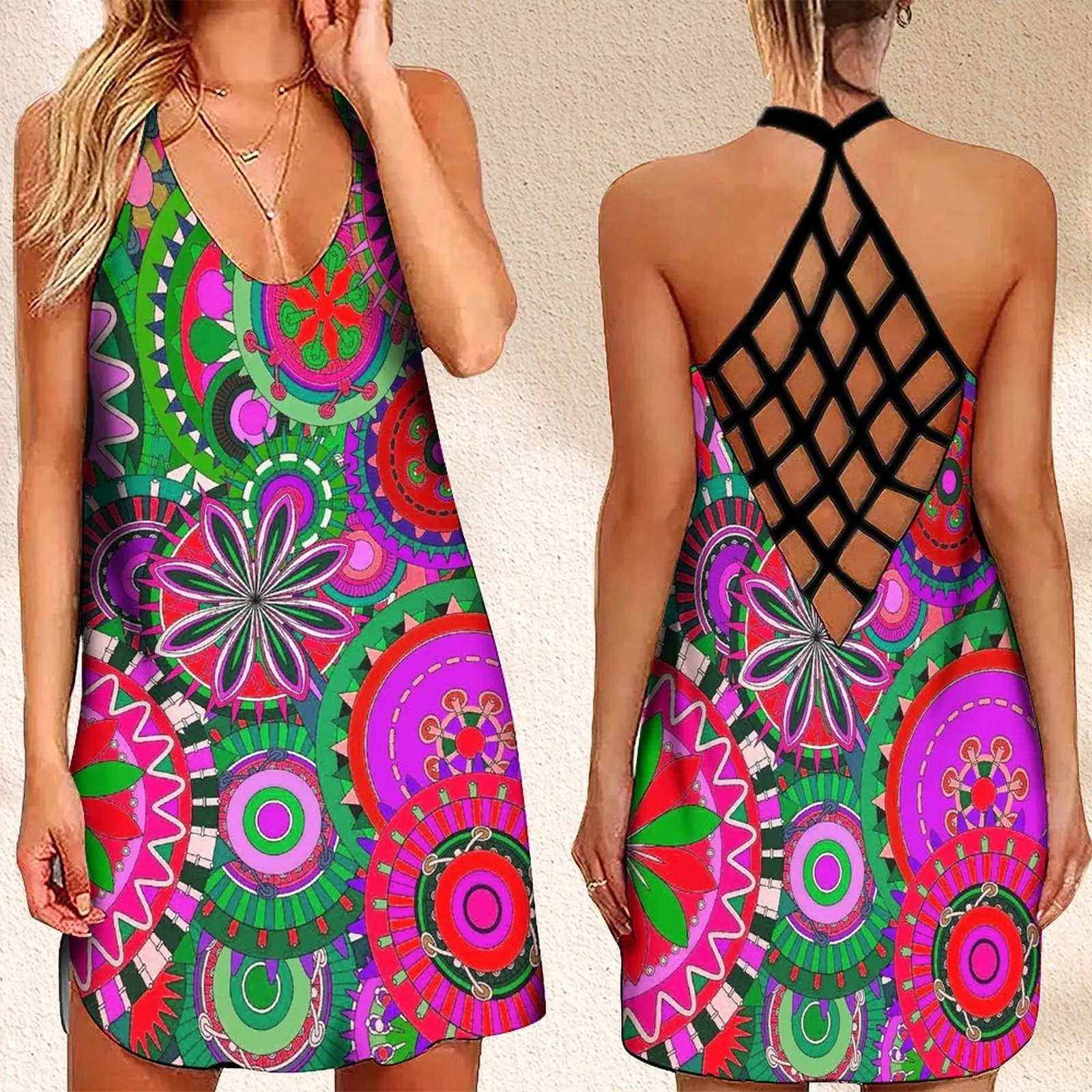 

Женское платье с открытой спиной и цветным цветочным принтом, без рукавов