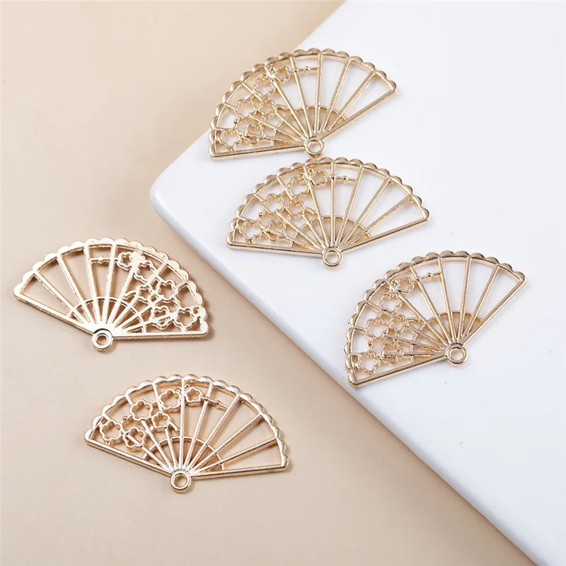 

New 10pcs/lot Gold Color Hollow Fan Pendant Charms DIY Bracelet Necklace Earrings for Jewelry Making Accessories 40*24MM