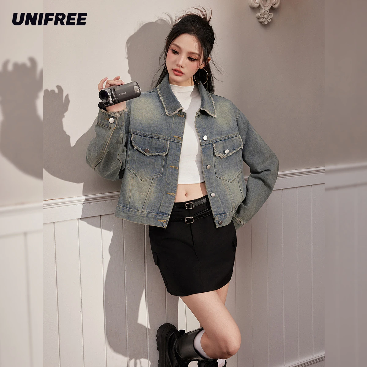 

UNIFREE Washing Vintage Denim Jackets Women Rough Edges Design Hip Hop Streetwear Young Long Sleeve New Popular Coat
